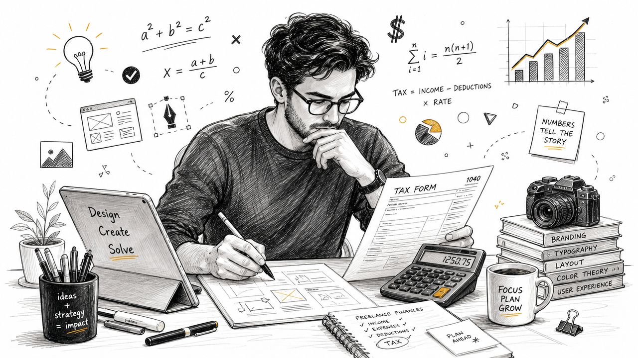 A freelance designer working at a desk, managing tax forms, finances, and creative projects for business growth.