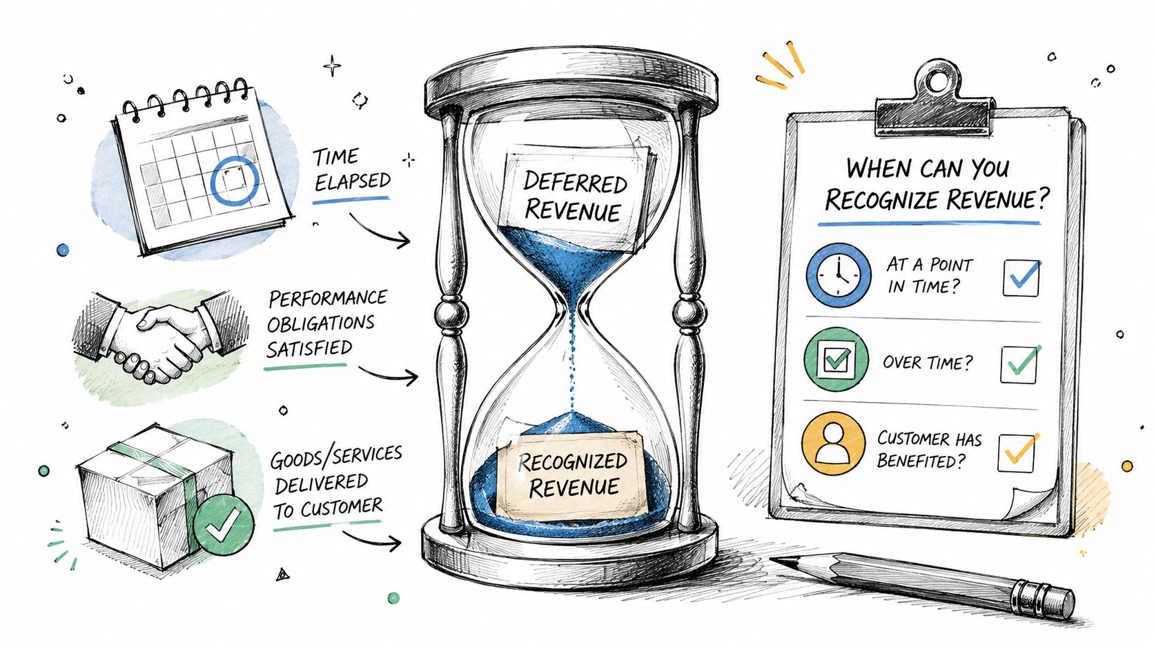 An illustration explaining the concept of deferred and recognized revenue using an hourglass and a checklist.