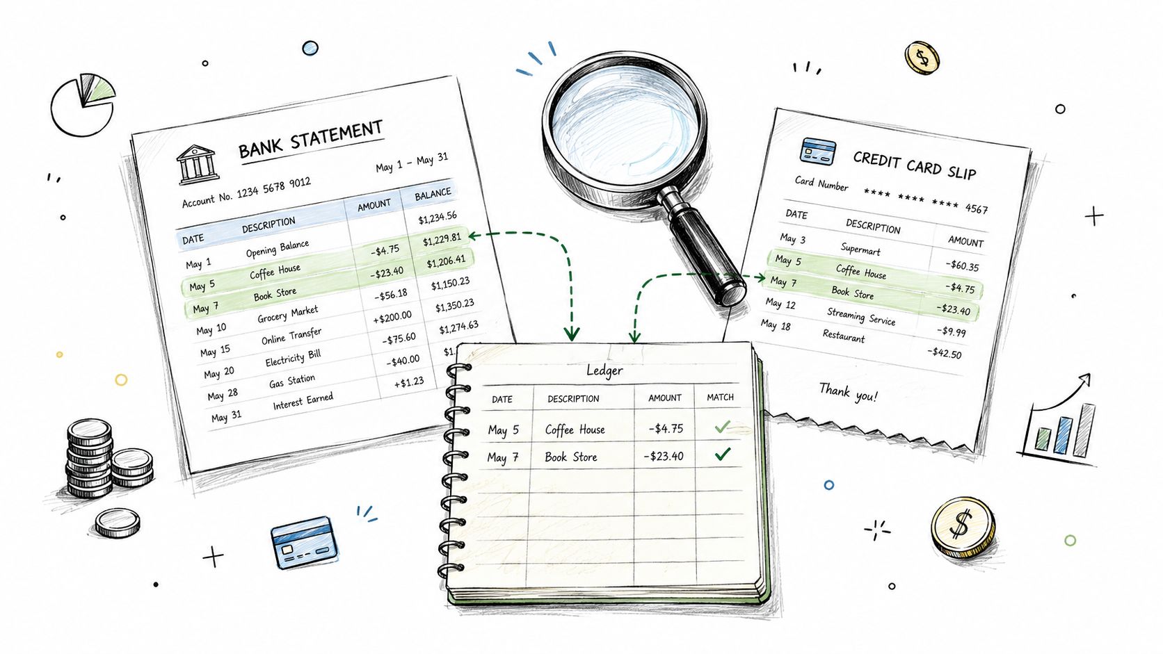 A hand-drawn illustration showing the process of matching bank statement and credit card slip entries in a ledger.