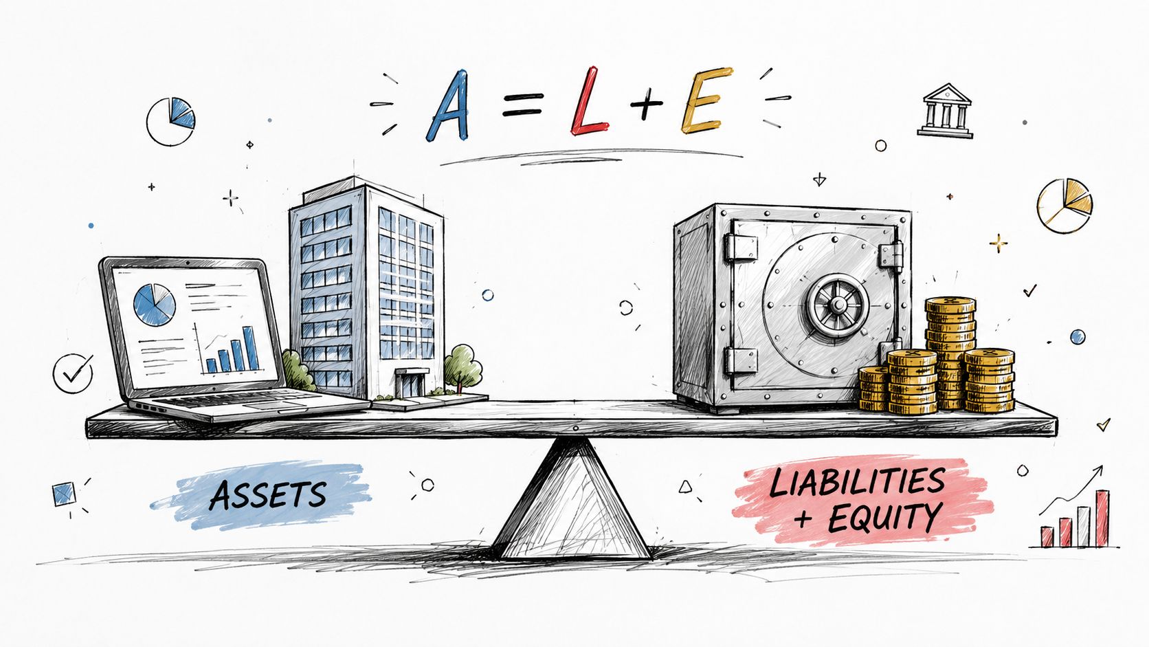 A hand-drawn illustration showing a balance scale depicting the accounting equation of Assets equals Liabilities plus Equity.