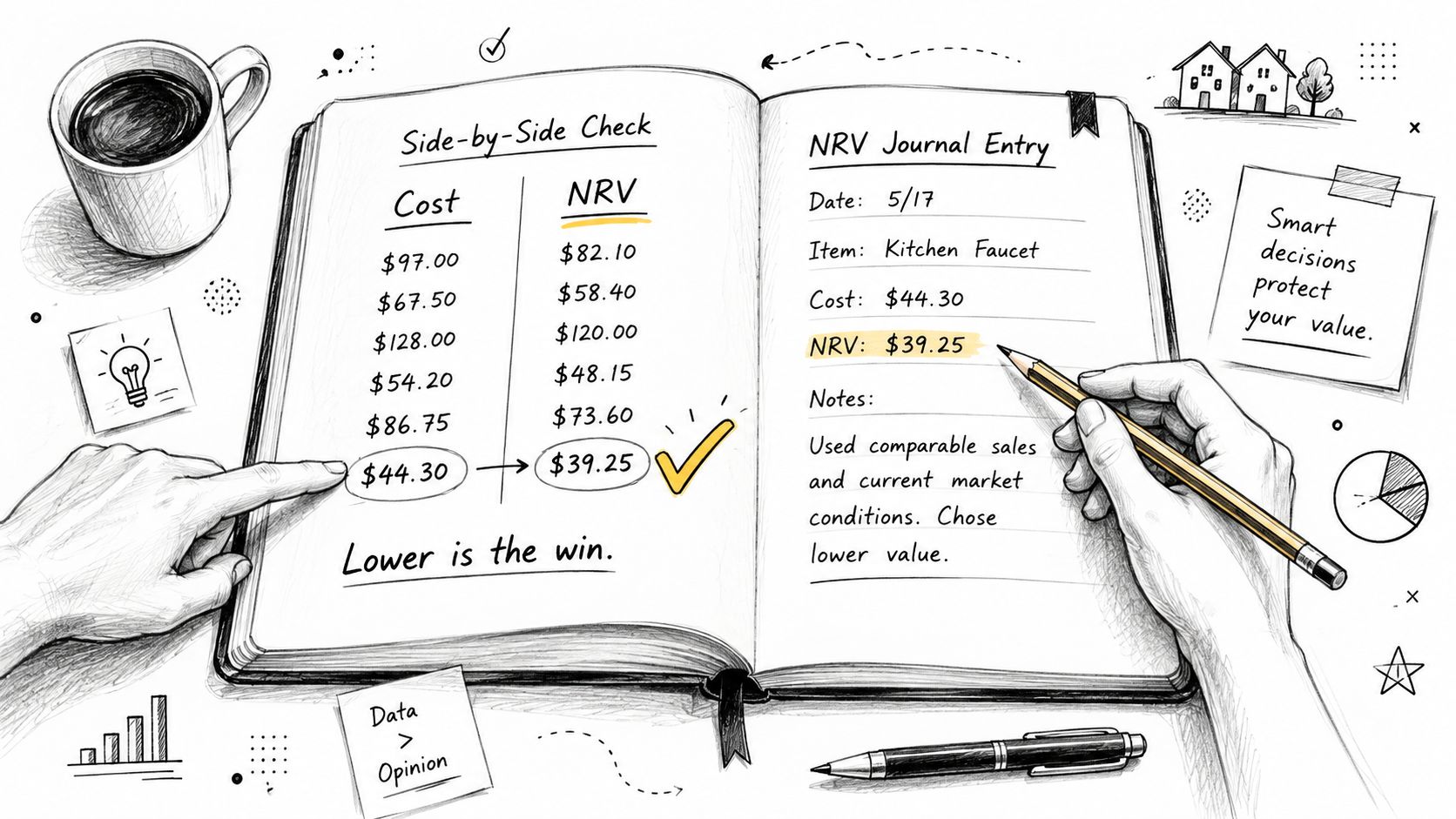 A hand-drawn illustration showing a notebook comparing cost and net realizable value for financial accounting.