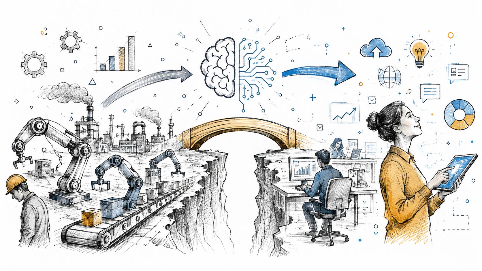 A conceptual drawing depicting the bridge between industrial manufacturing processes and digital data analysis technology.