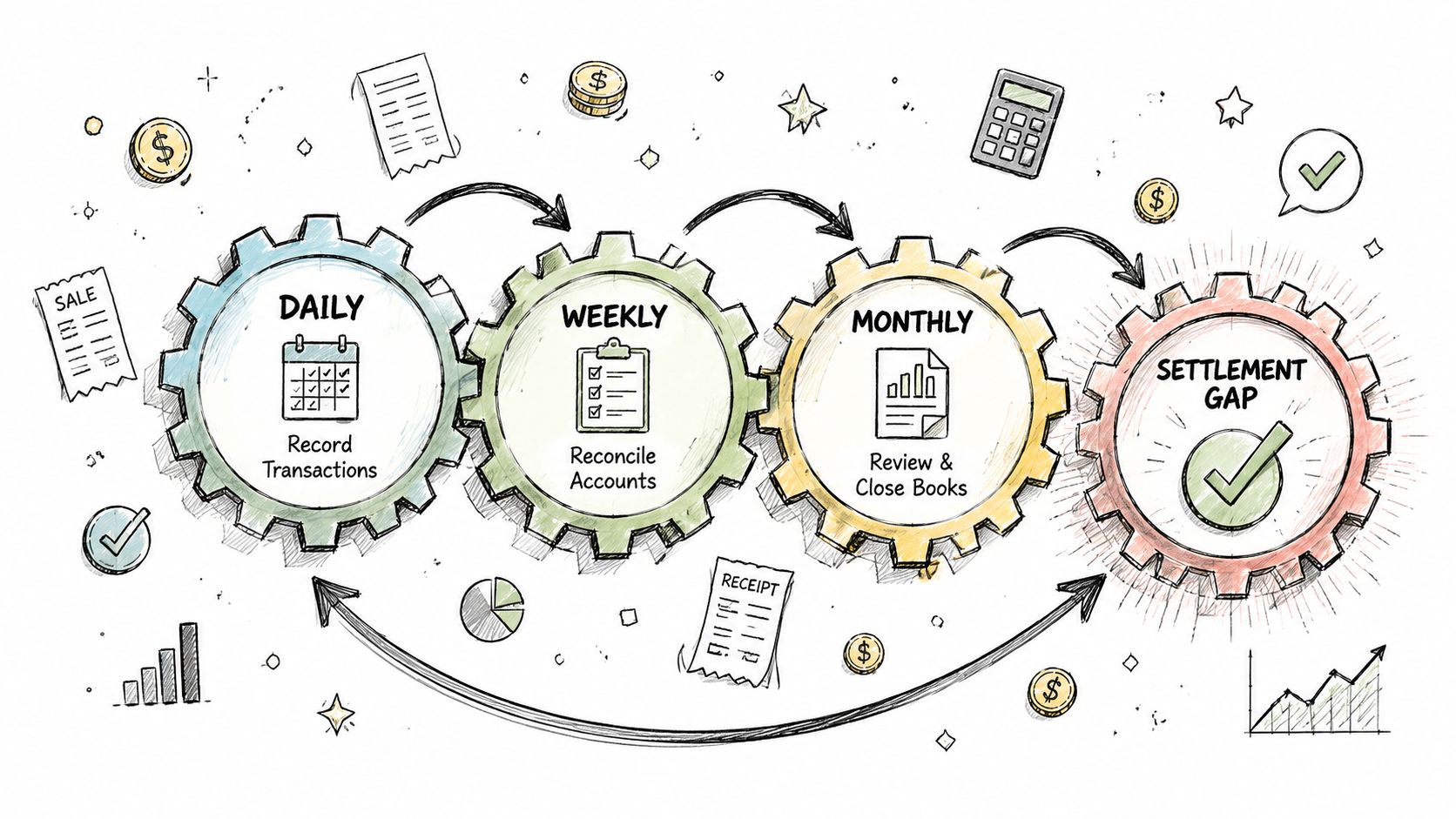 A diagram illustrating the bookkeeping process for e-commerce, showing daily, weekly, and monthly steps leading to settlement.