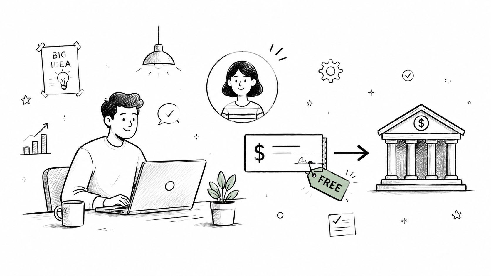 A digital illustration showing a man at a laptop with a free check icon and a bank.