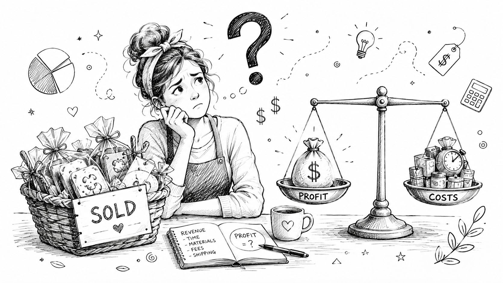 A line art illustration of a small business owner contemplating profit, costs, and revenue for her products.