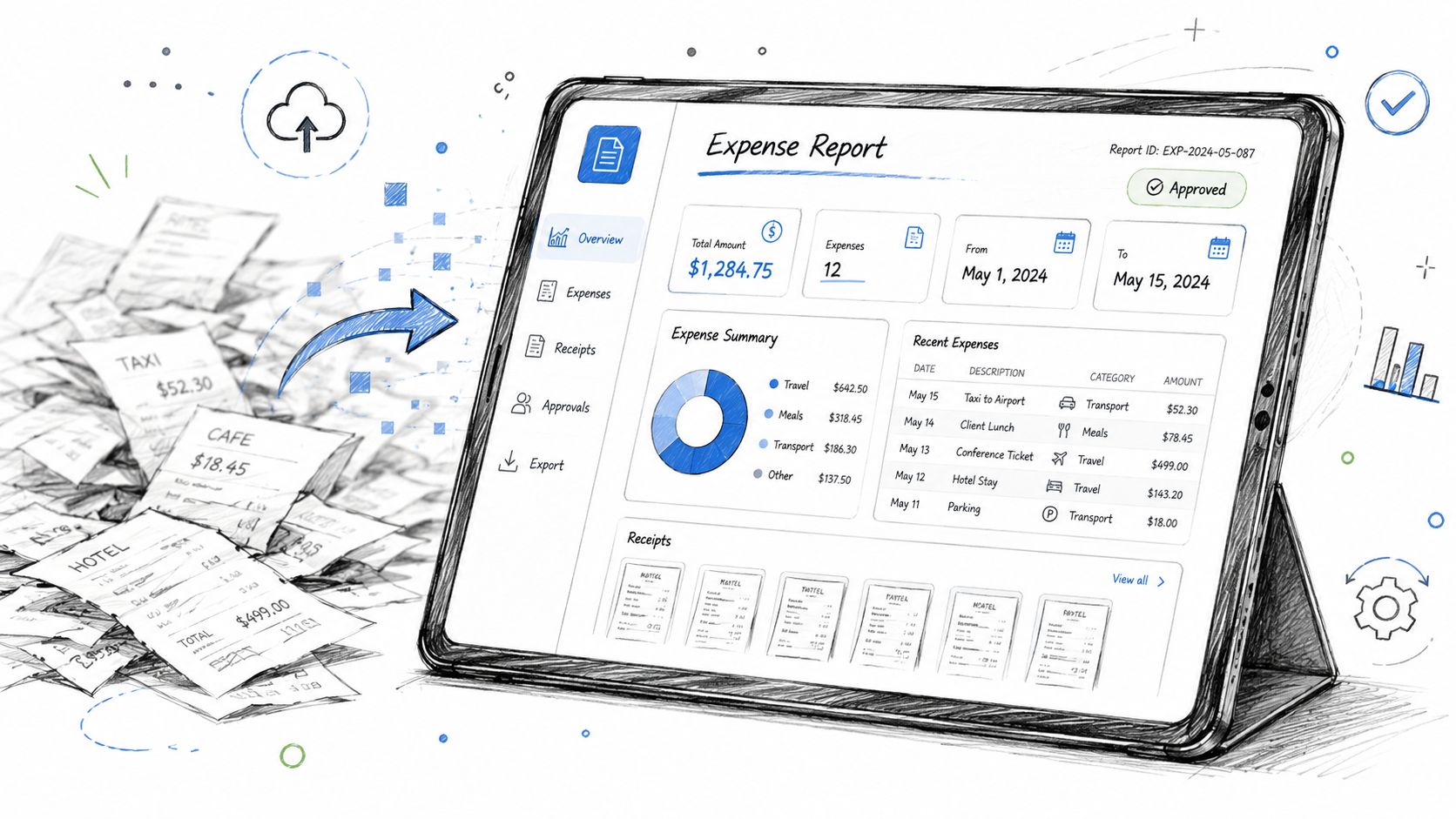 A digital tablet displaying an expense report dashboard with charts and data, representing automated financial management software.