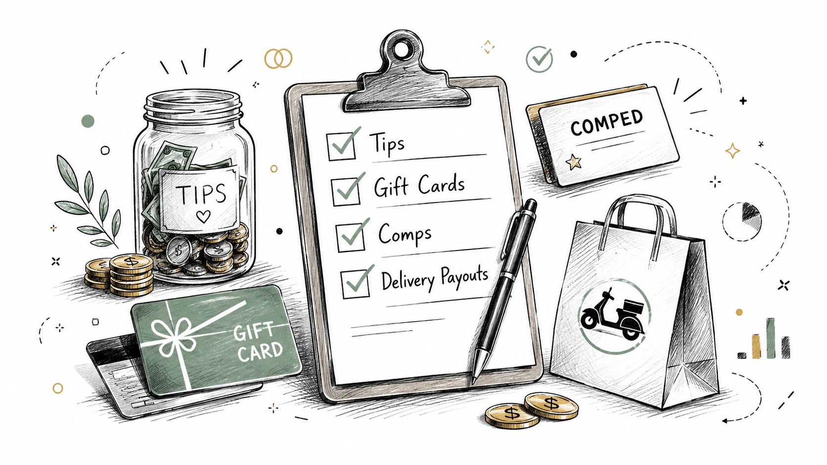 A hand-drawn illustration showing a clipboard with a checklist of restaurant financial items including tips and payouts.
