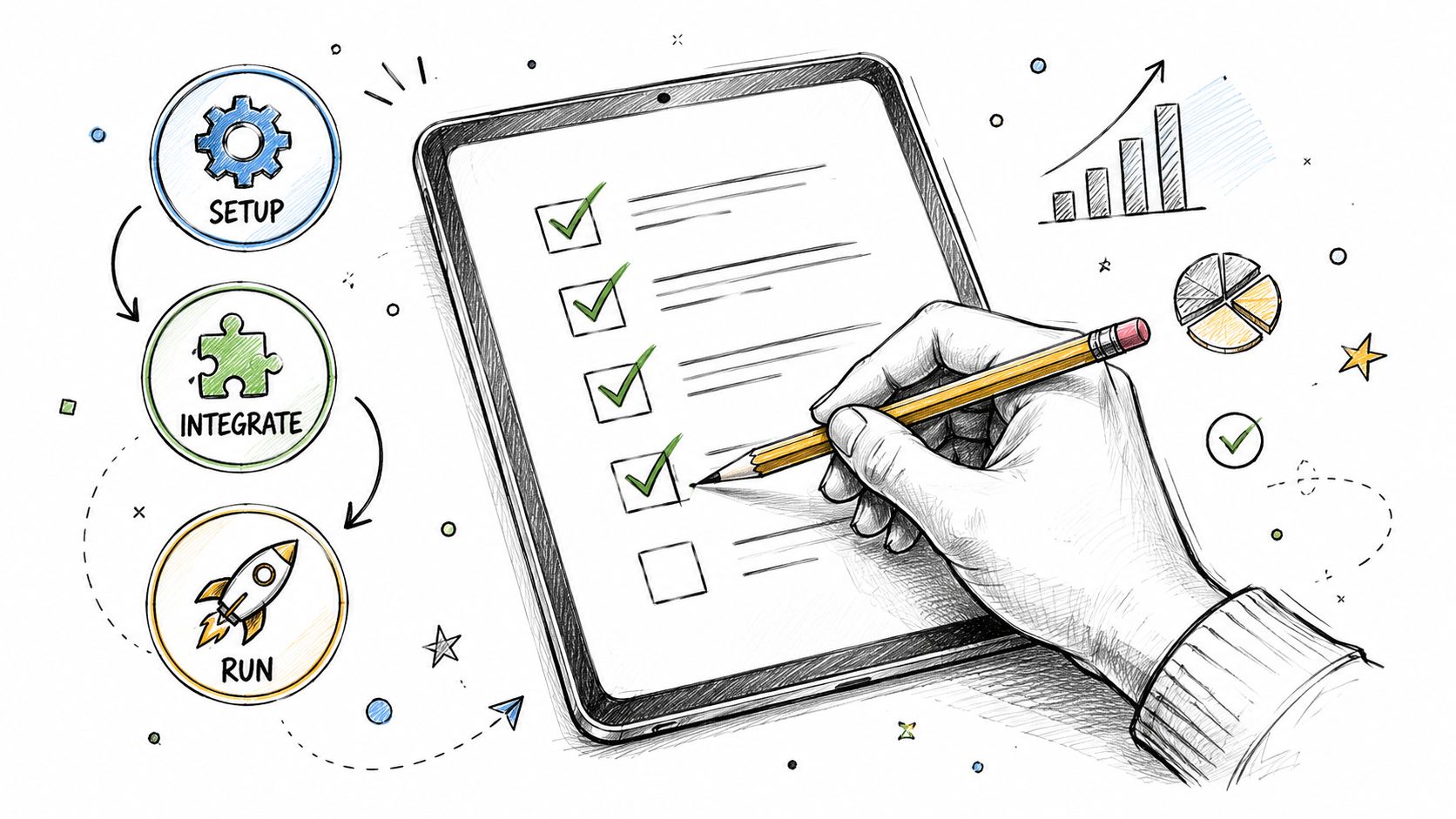 A hand drawing a checklist on a digital tablet next to icons representing setup, integration, and execution.
