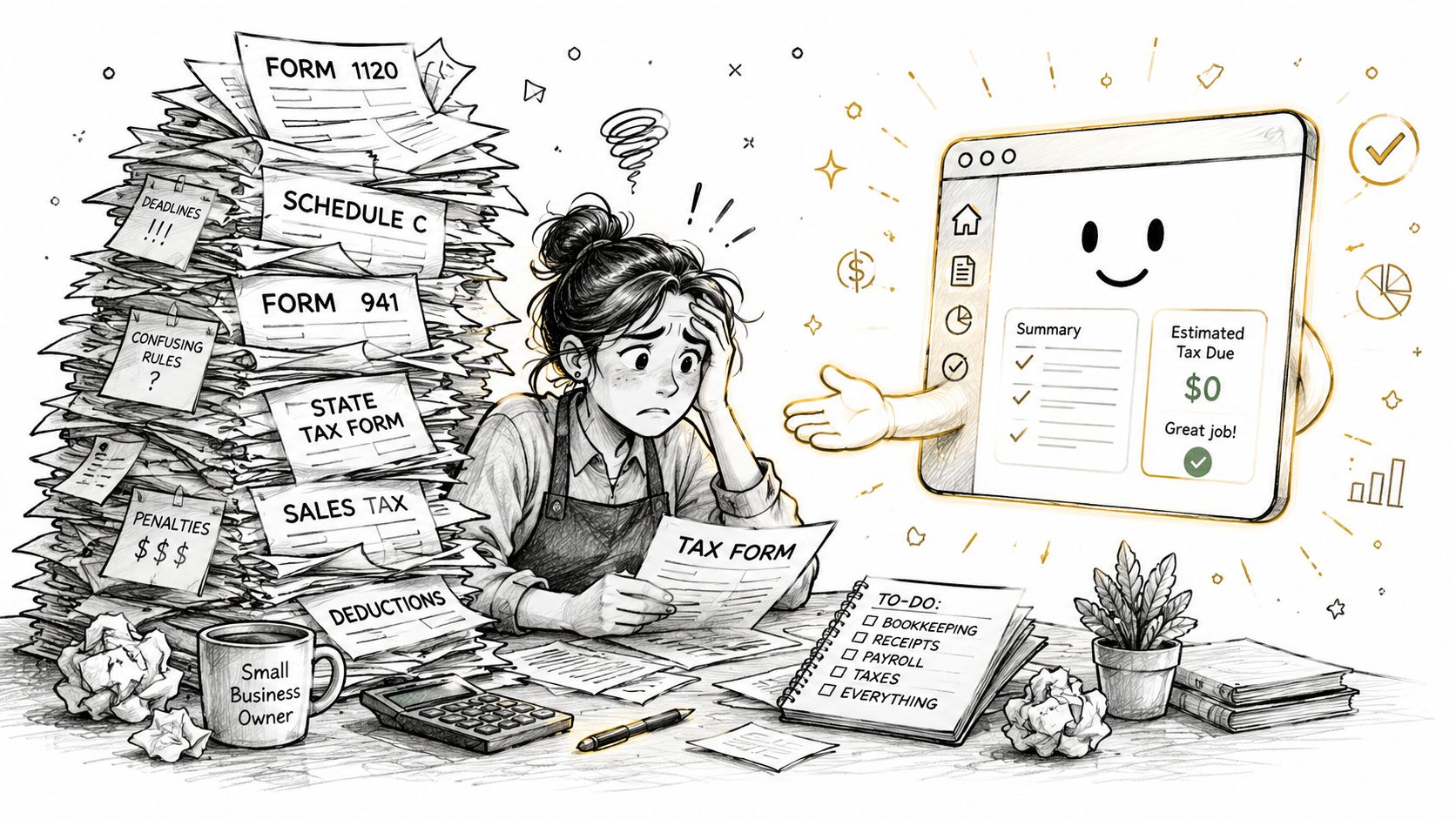 Stressed small business owner struggling with paperwork versus a helpful, smiling digital tax compliance software interface.