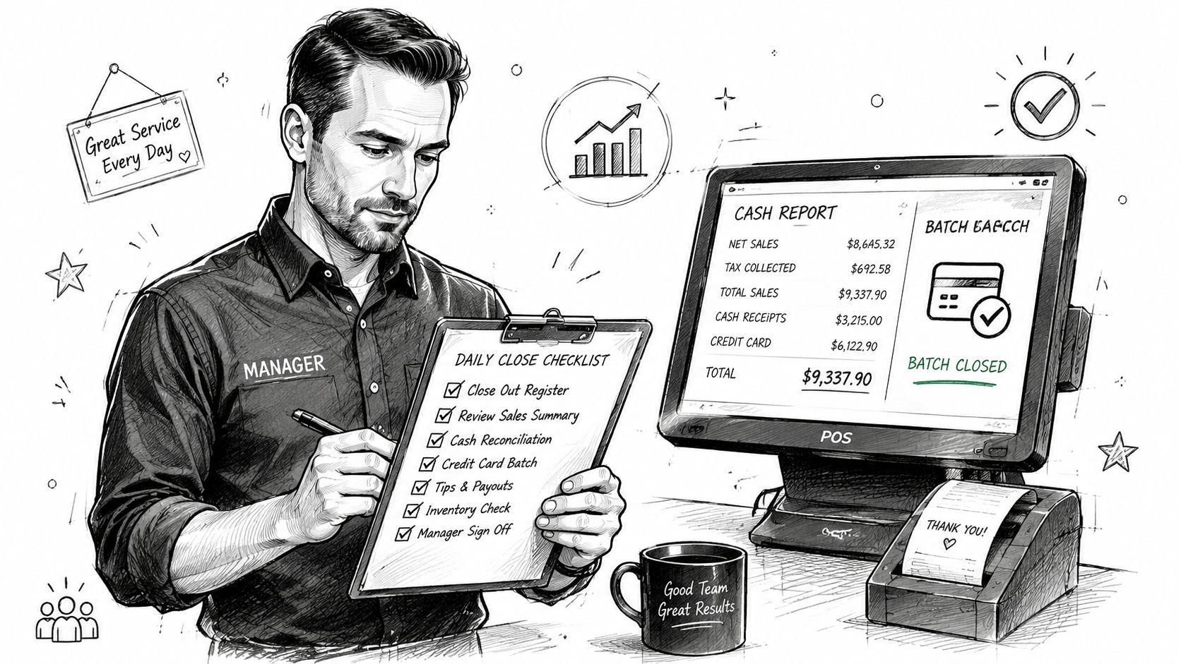 A restaurant manager reviewing a daily closing checklist next to a point of sale terminal.