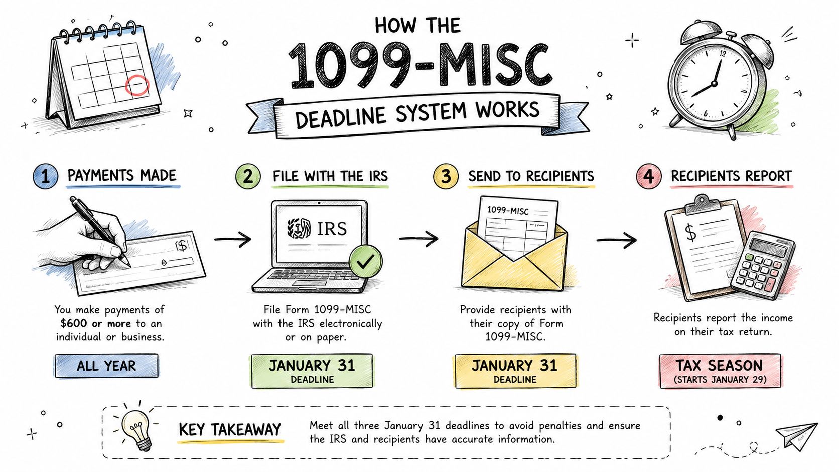 An infographic illustrating the four-step deadline process for filing 1099-MISC forms with the IRS and recipients.