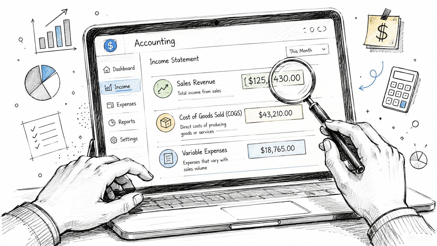 A digital illustration of a person reviewing an accounting income statement on a laptop screen using a magnifying glass.