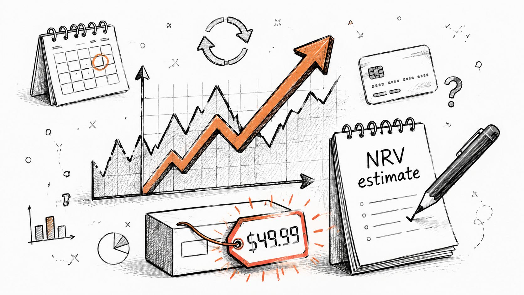 A conceptual illustration featuring a financial chart with an upward trend, a price tag, and a notebook.