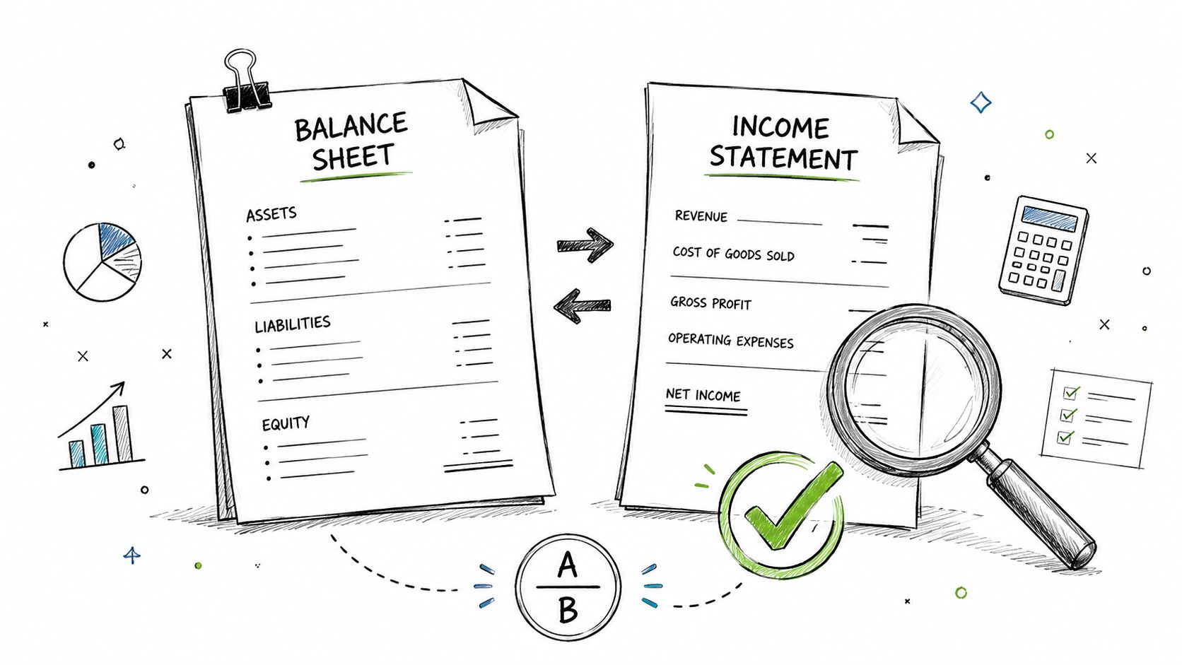 A hand-drawn illustration showing a balance sheet and income statement with a magnifying glass and calculator.