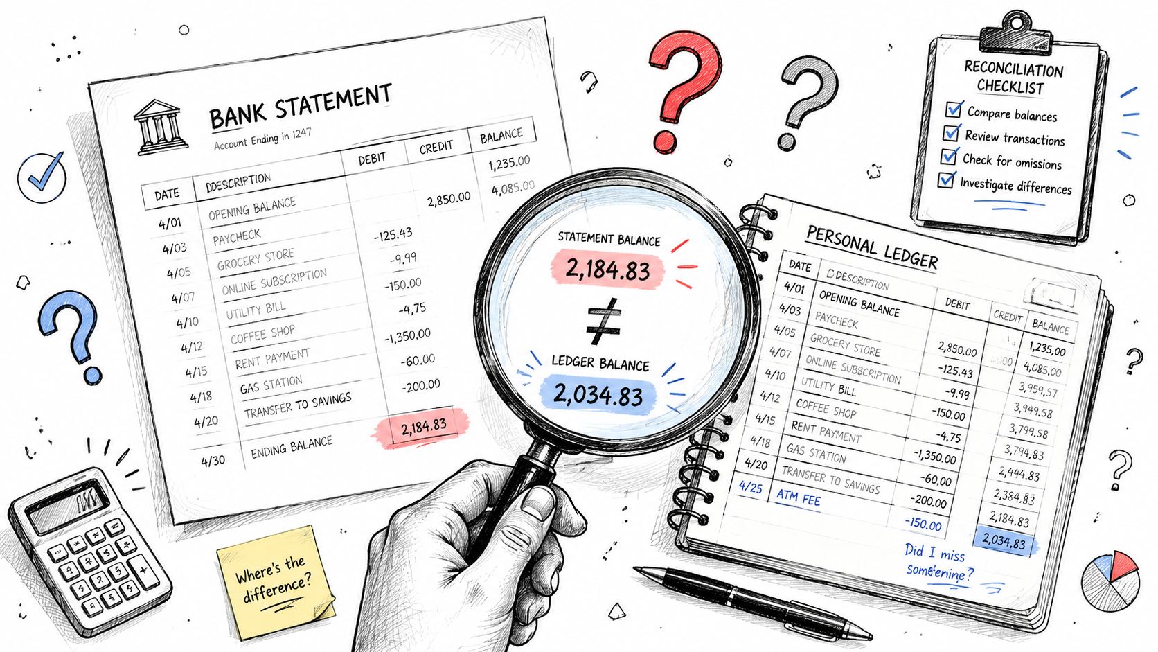 A hand holding a magnifying glass showing a discrepancy between a bank statement and a personal ledger.