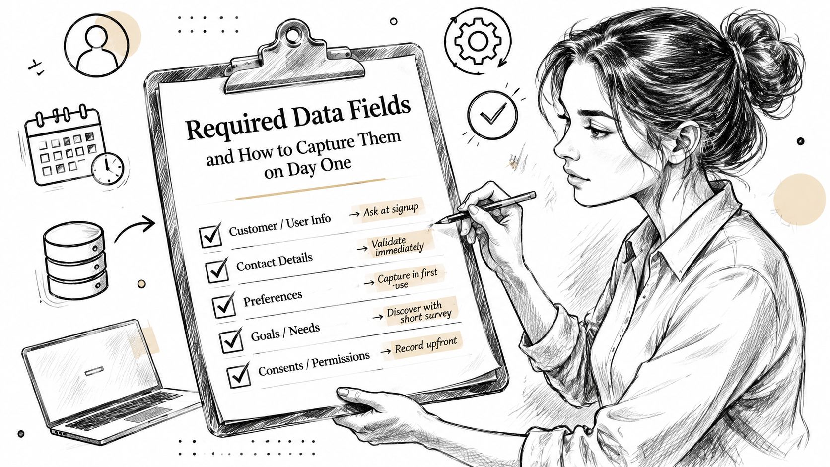 A sketched illustration of a woman checking off a list of required data fields on a clipboard.