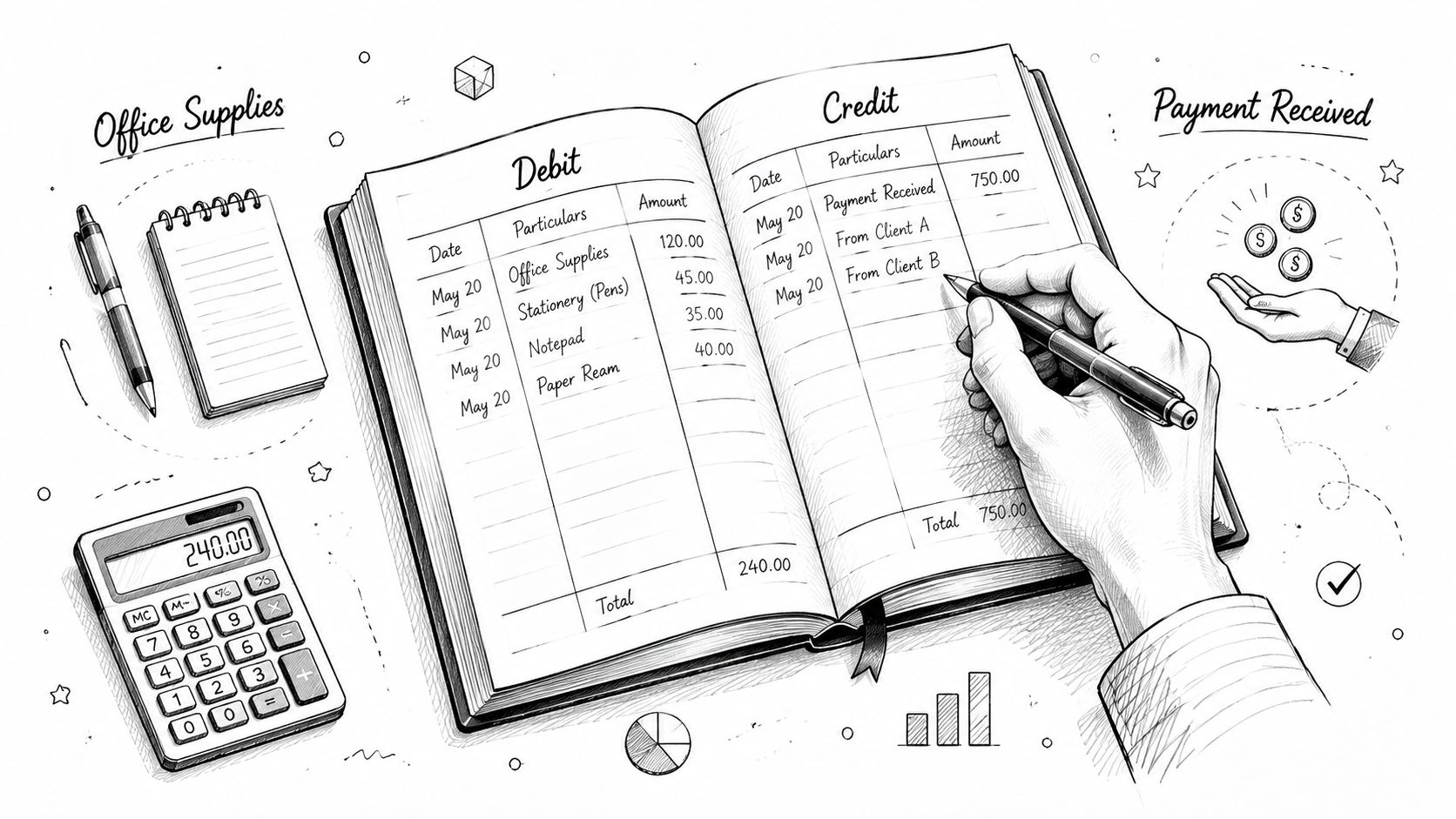 A hand writes financial records in a ledger showing debit and credit entries with office supplies