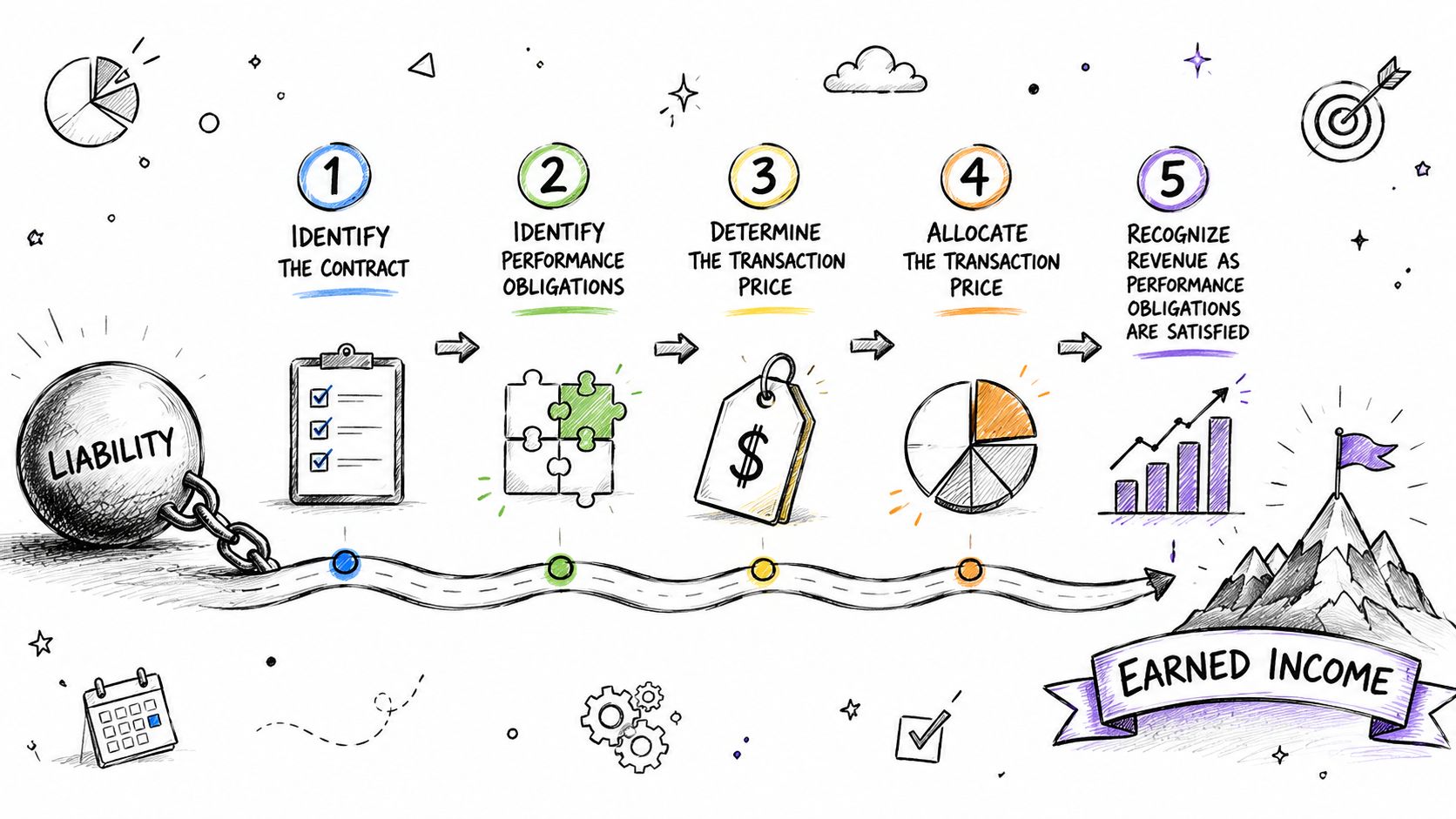 An infographic showing the five steps of revenue recognition, transitioning from a liability to earned income.