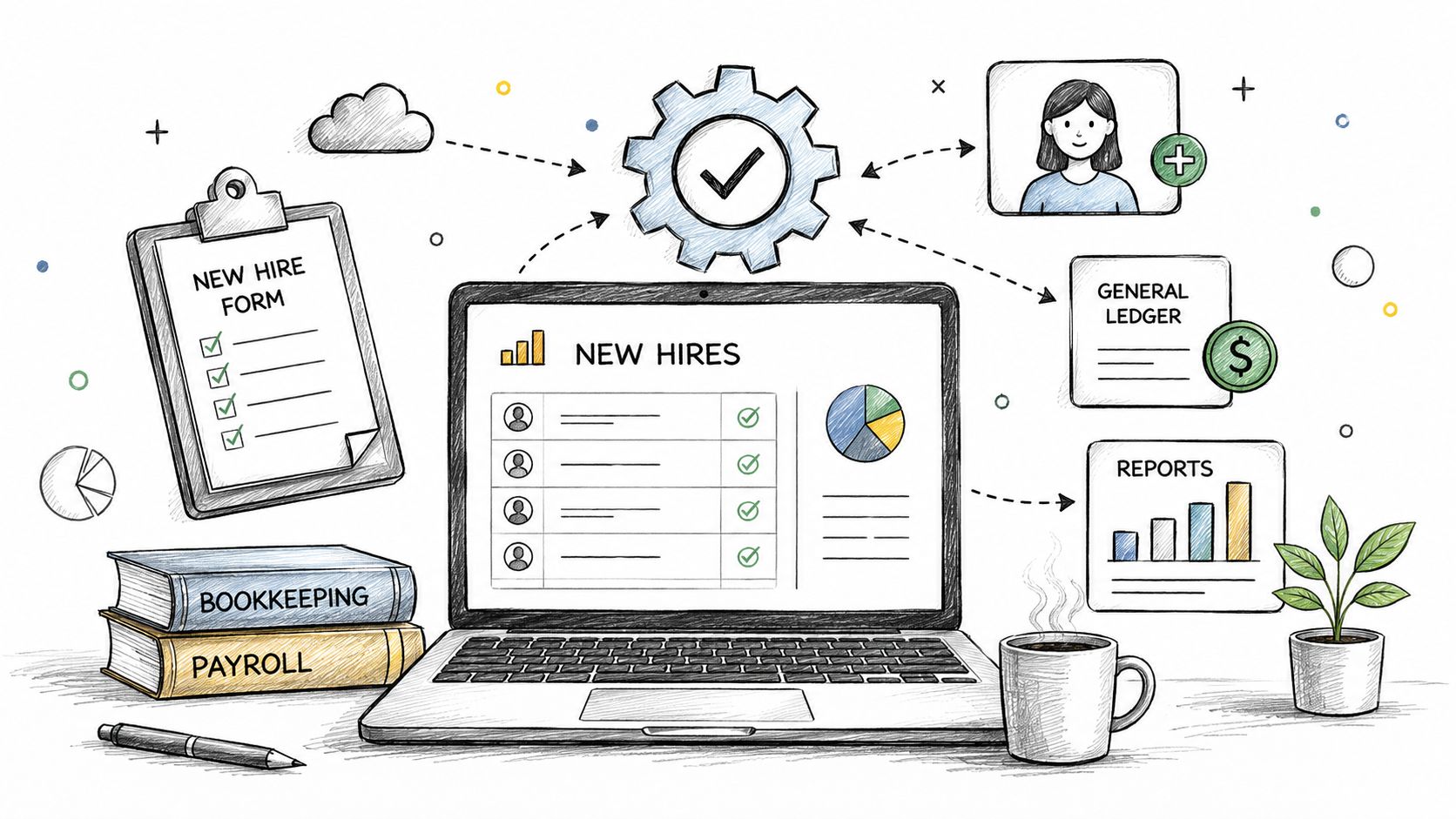 A digital illustration showing a laptop with new hire lists, bookkeeping books, and icons representing business operations.