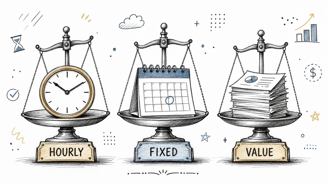 A conceptual illustration comparing hourly, fixed, and value-based pricing models on balancing scales.