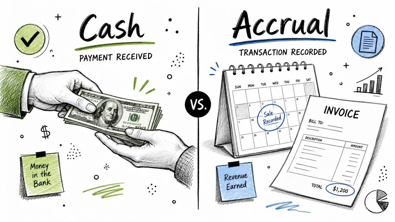 An illustration comparing cash accounting based on payment received versus accrual accounting based on transactions recorded.