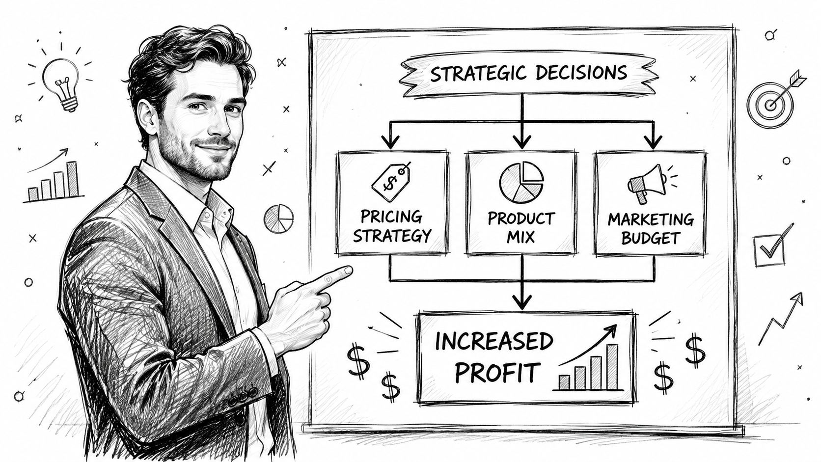 A professional man pointing to a diagram illustrating strategic decisions leading to increased company profit.