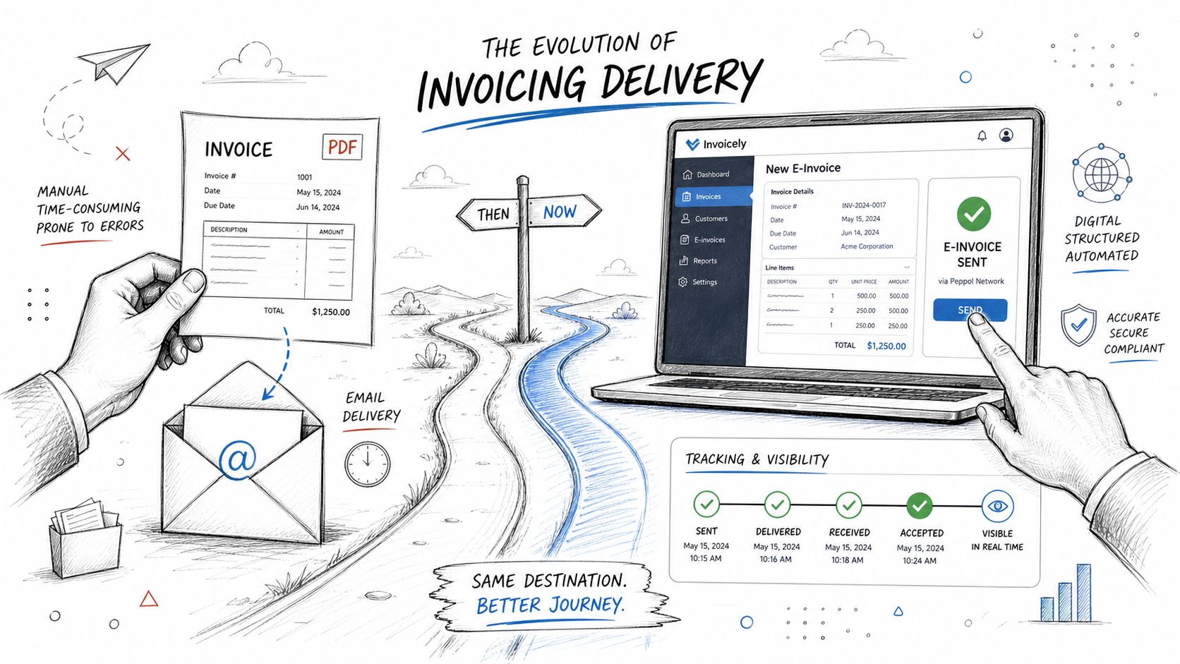 An illustration comparing traditional paper invoice mailing with modern automated e-invoicing processes for business efficiency.