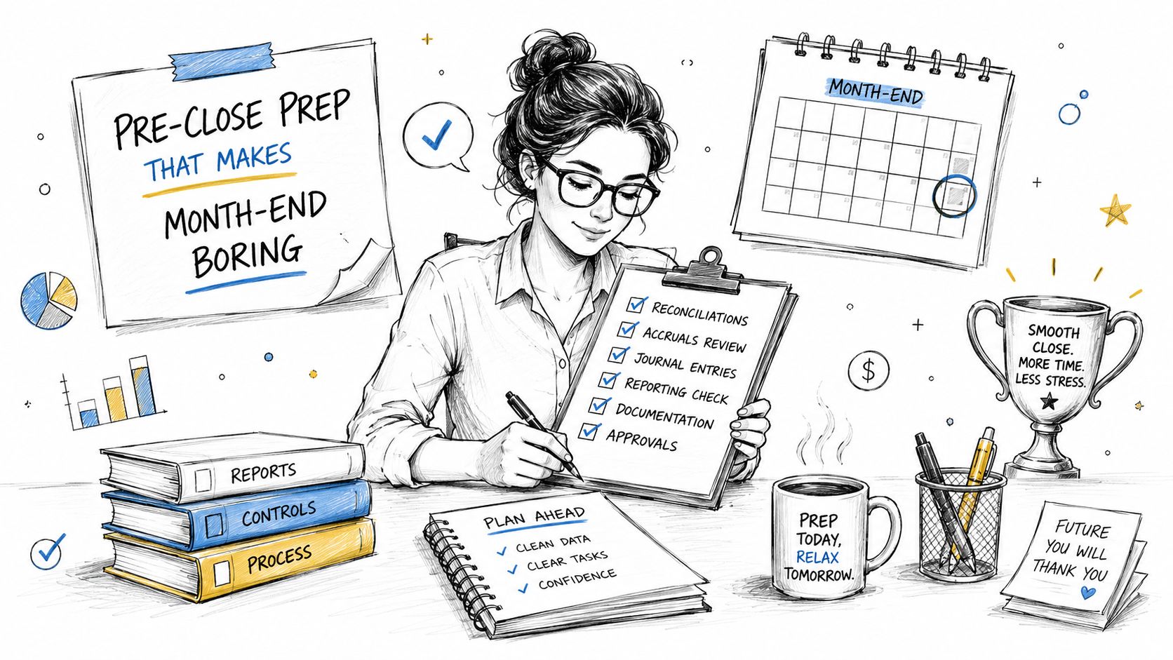 A woman working at her desk reviewing a month-end close checklist to simplify accounting processes.