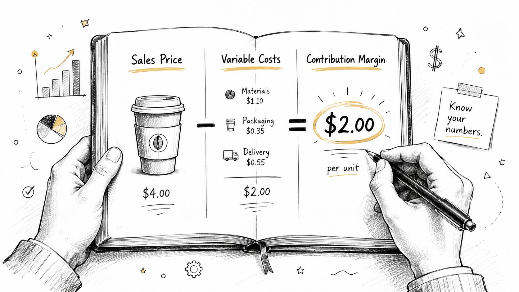 A hand-drawn illustration showing the calculation of contribution margin for a coffee cup, detailing revenue and costs.