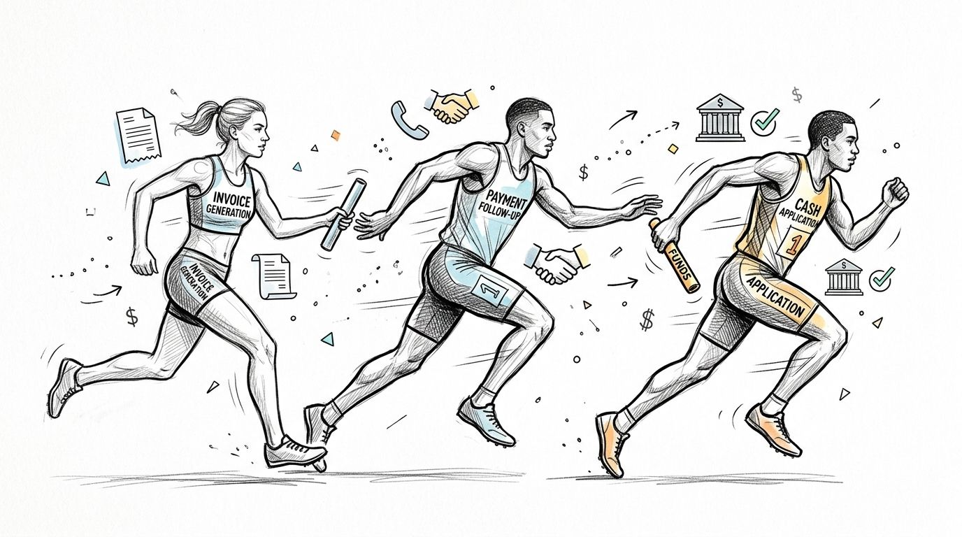 A relay race illustration showing runners passing batons to represent invoice generation, payment follow-up, and cash application processes.