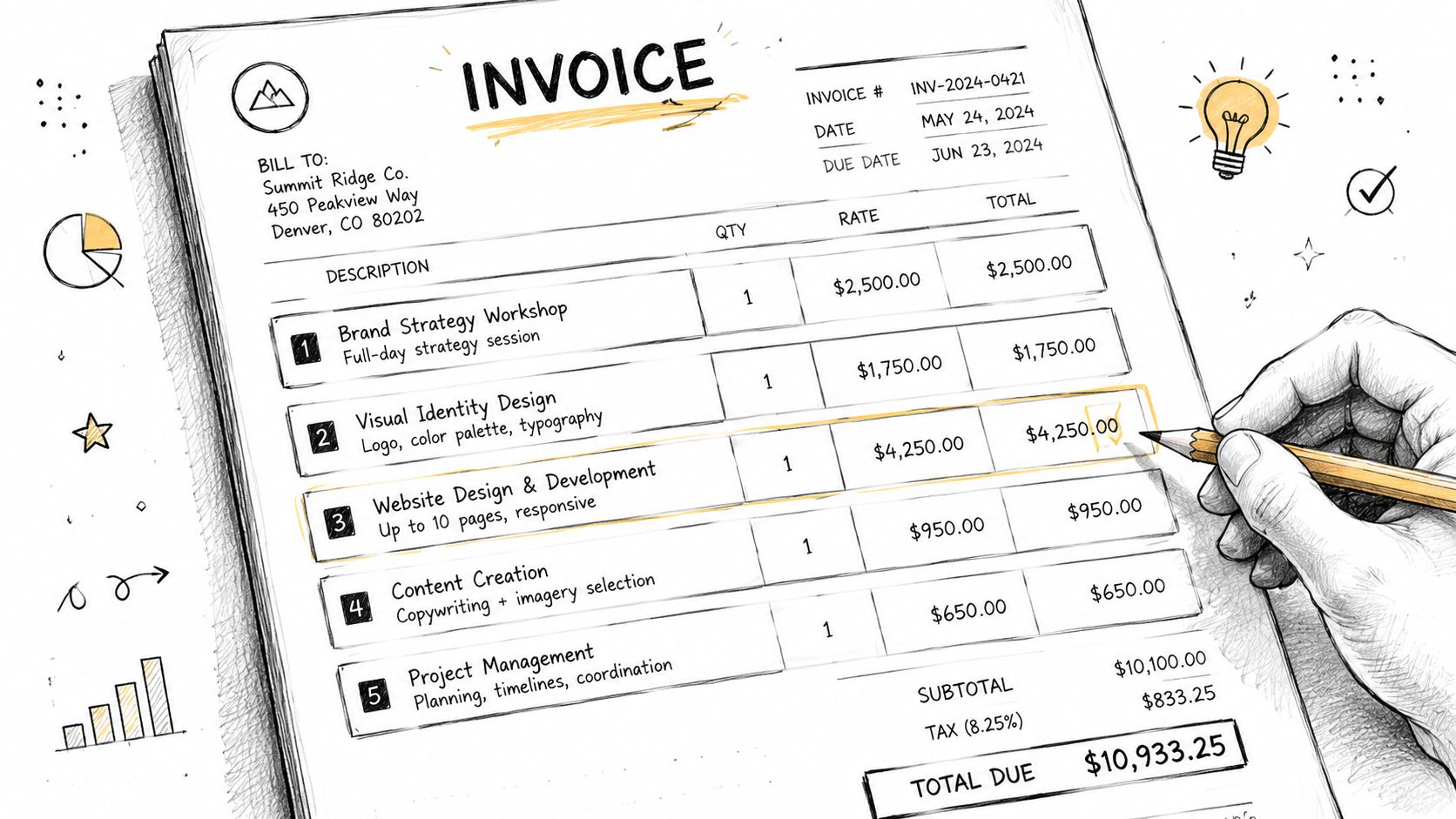 A hand filling out a professional sketch-style invoice detailing various business services and costs.