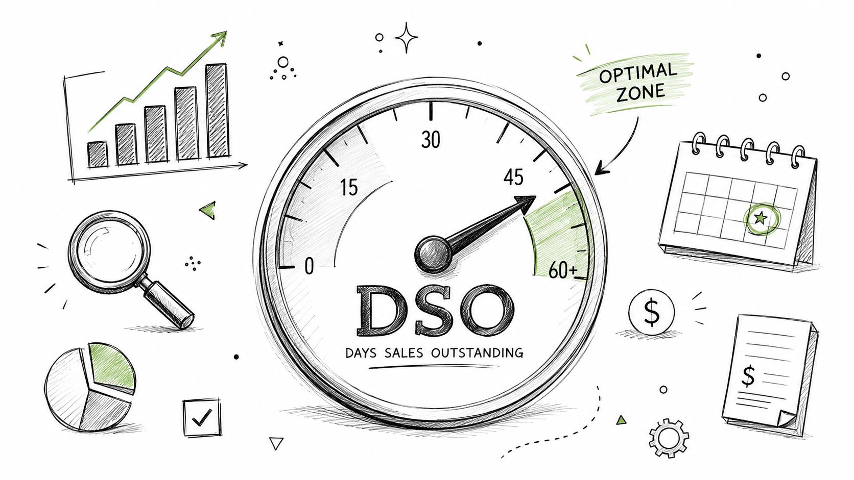 A hand-drawn illustration showing a speedometer measuring Days Sales Outstanding with an optimal performance zone marked.