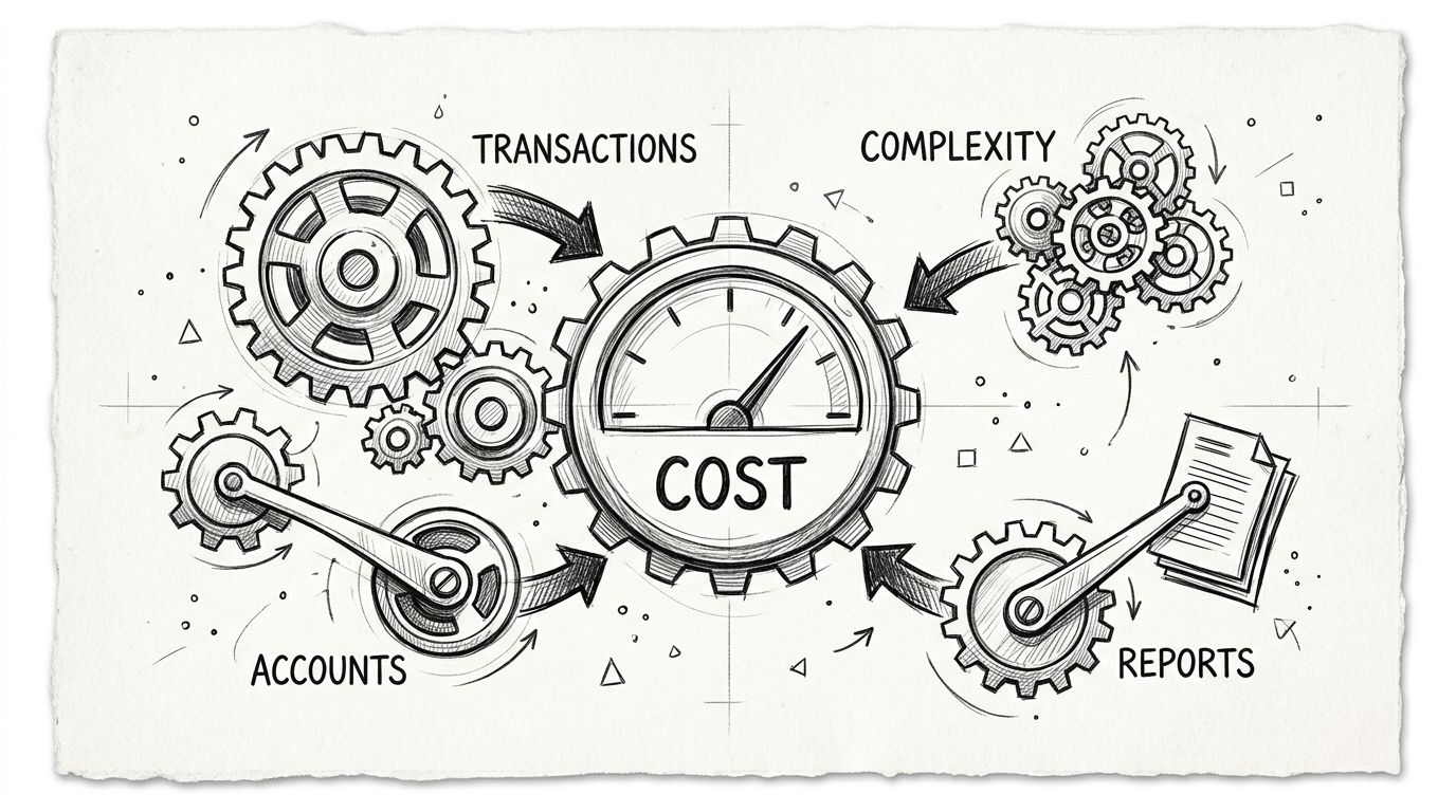 A pencil sketch illustrating the relationship between transactions, complexity, accounts, reports, and overall business cost.