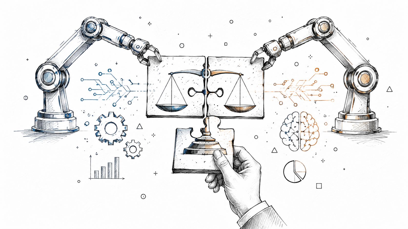 Robotic arms and a human hand assembling puzzle pieces showing a scale, representing AI in legal accounting.