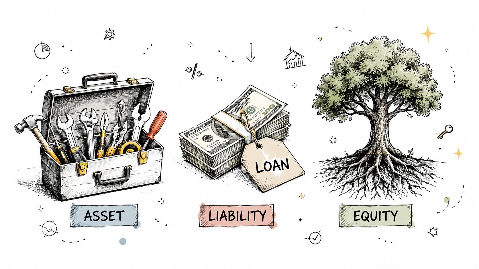 A hand-drawn illustration depicting the three accounting concepts of assets, liabilities, and equity with representative icons.