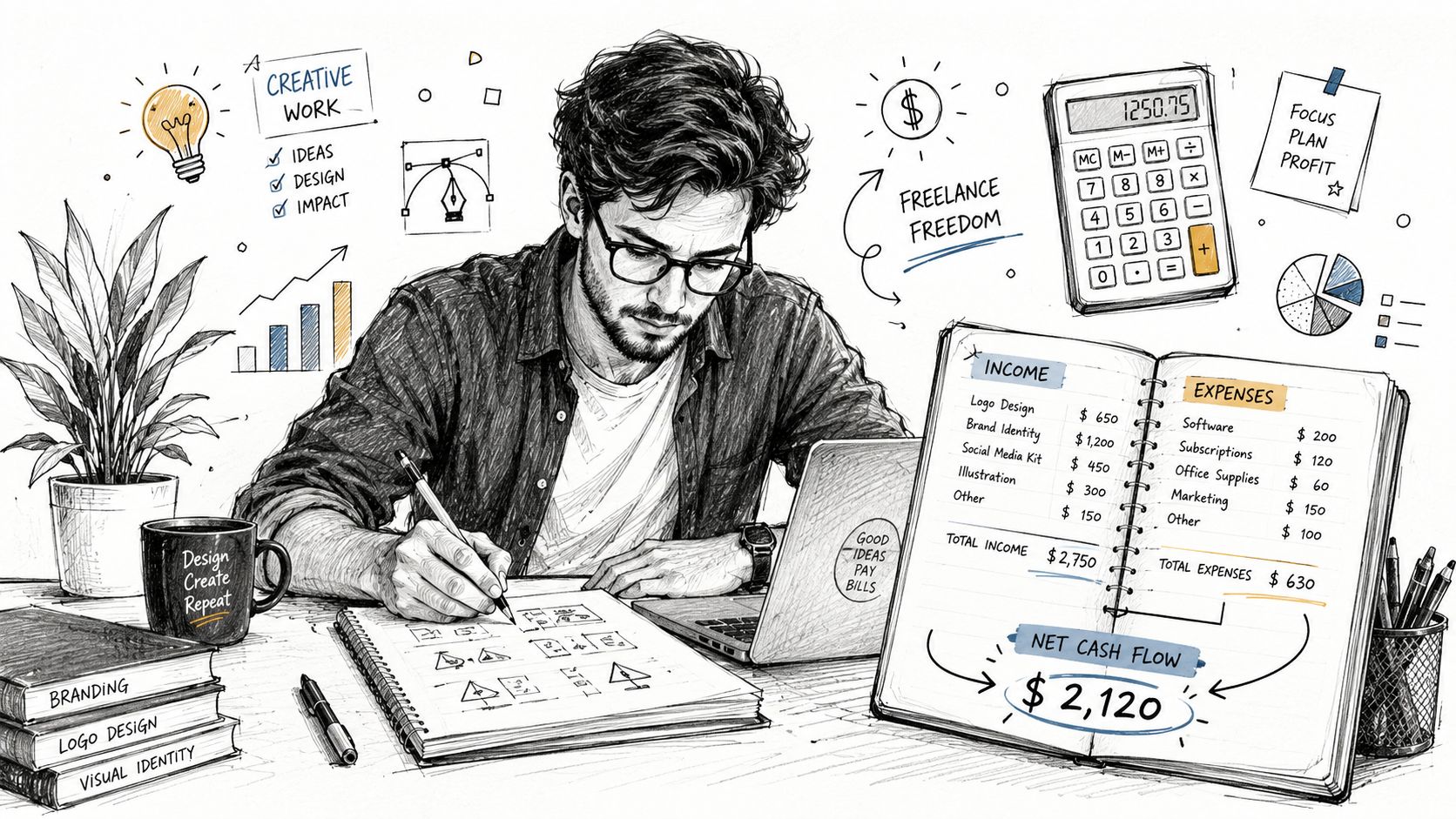 A male freelance designer sitting at his desk calculating business income, expenses, and net cash flow.