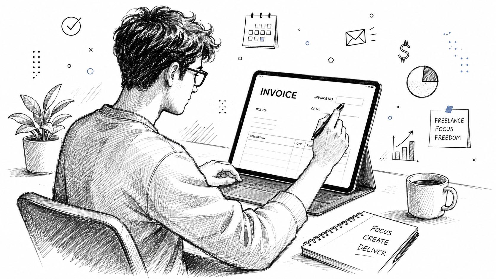 A digital illustration of a freelancer sitting at a desk working on an invoice on a tablet.