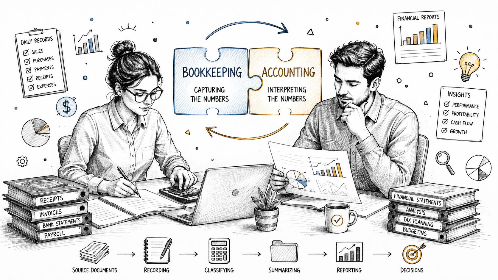 A professional illustration contrasting bookkeeping as capturing numbers with accounting as interpreting financial data and insights.
