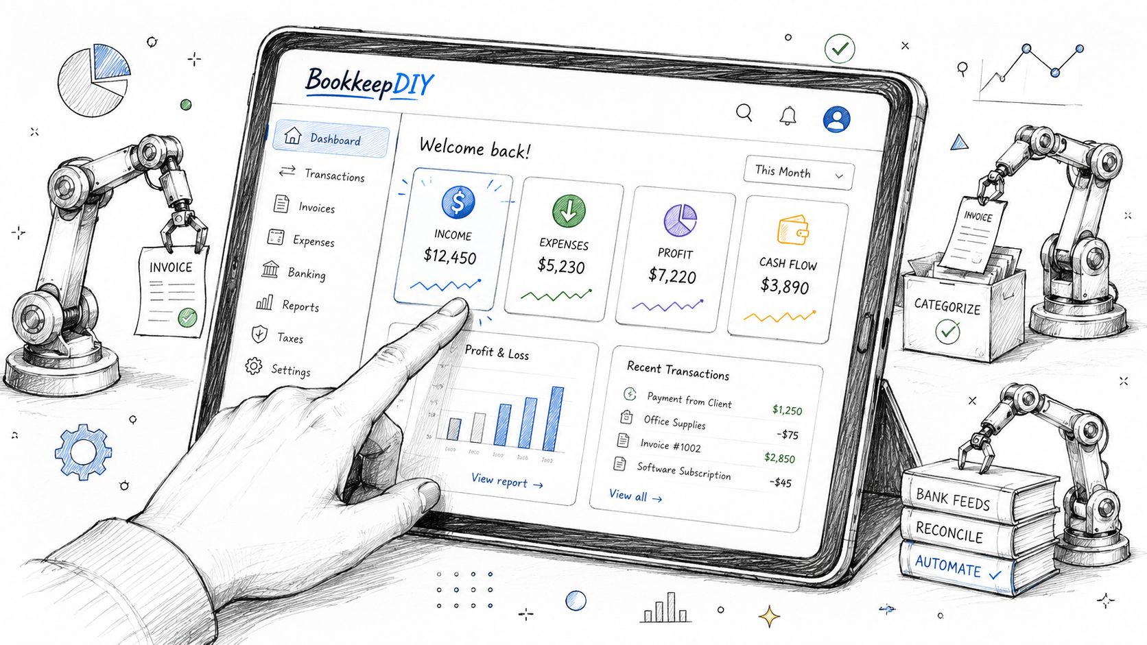 A tablet screen displaying a BookkeepDIY dashboard featuring automated financial data, charts, and robotic arm illustrations.