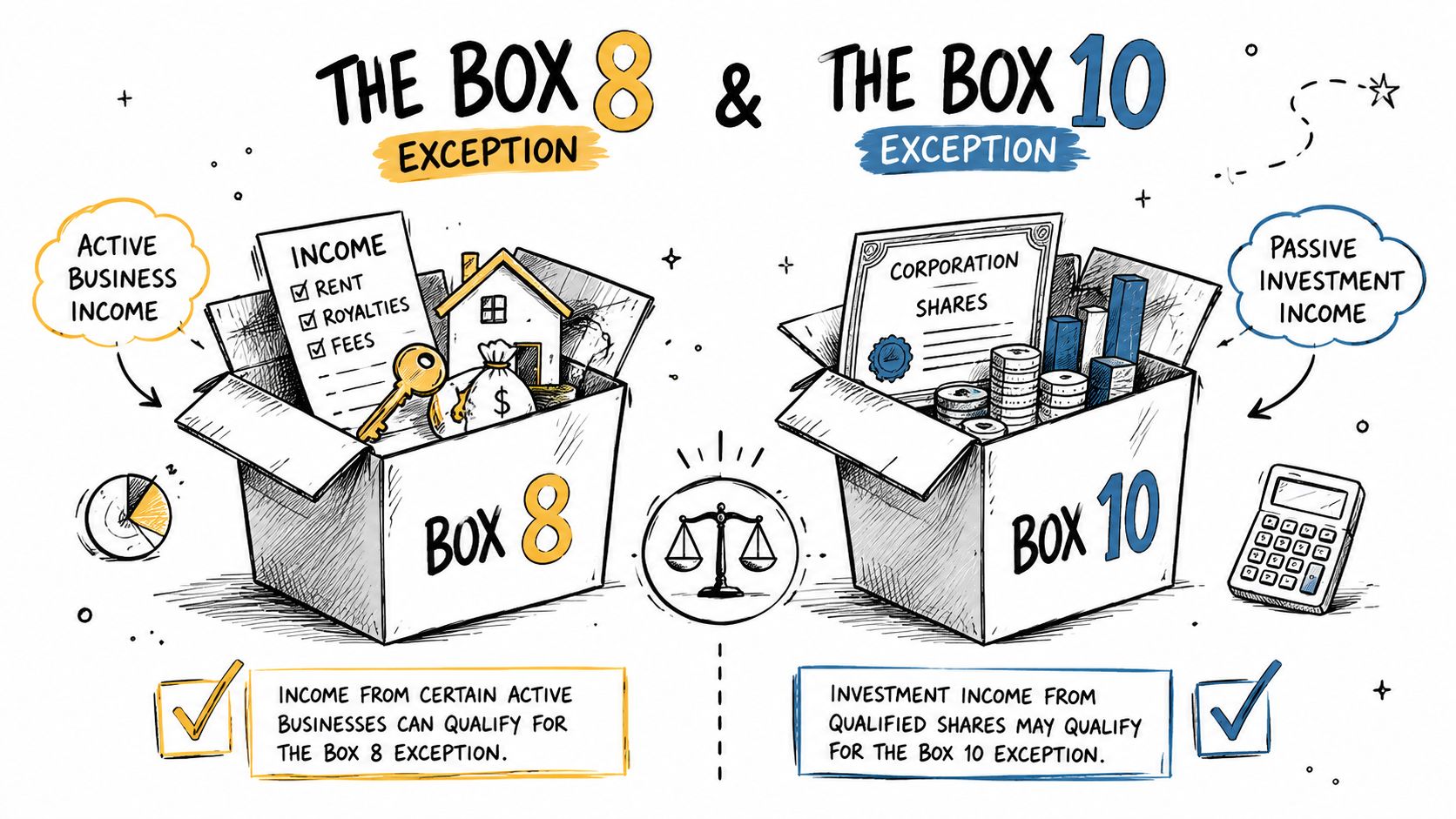 An educational illustration comparing Box 8 active business income and Box 10 passive investment income tax exceptions.