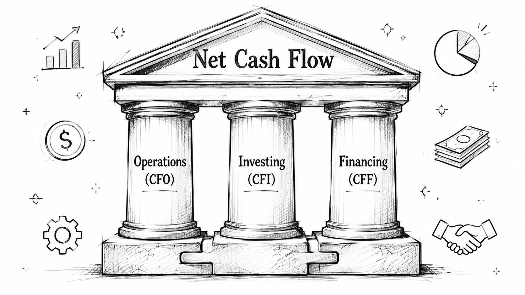 A hand-drawn sketch of a classical building with three pillars representing Operations, Investing, and Financing cash flow.