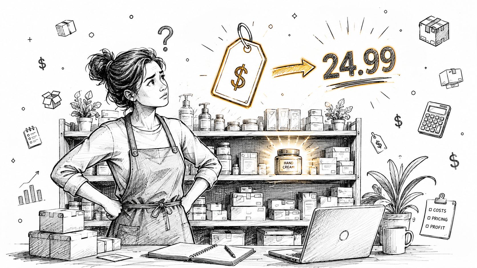A store owner considering product pricing for hand cream displayed on a shelf in her small shop.