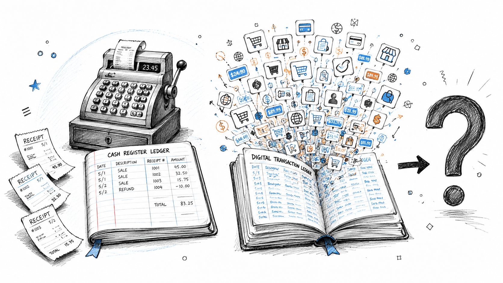 A conceptual illustration comparing a traditional cash register ledger with a complex digital transaction ledger.