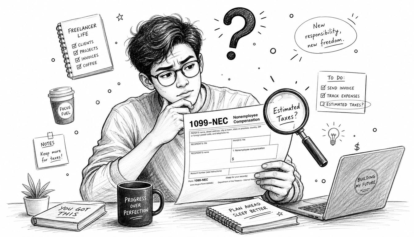 A young freelancer looking thoughtful while holding a 1099-NEC tax form at a desk with laptop.