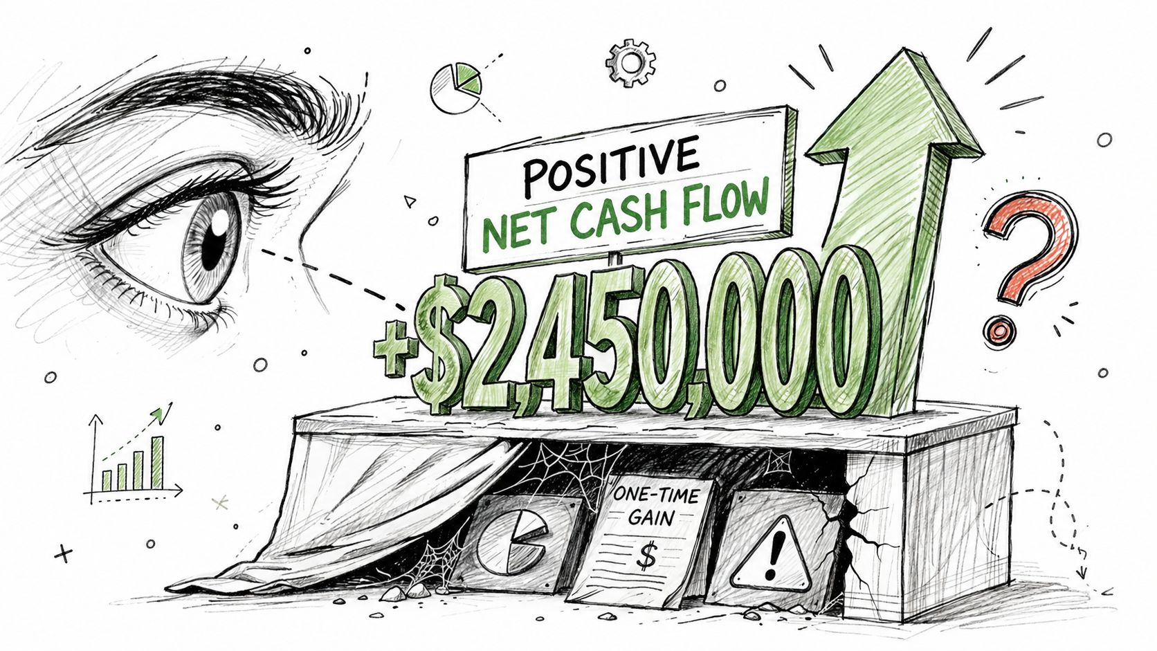 A hand-drawn illustration showing a positive net cash flow of over two million dollars under scrutiny.