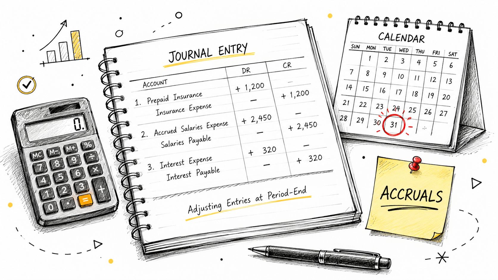 A hand-drawn illustration showing a journal entry notebook, a calendar, a calculator, and an accruals sticky note.