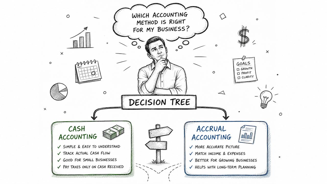 A hand-drawn illustration showing a business owner choosing between cash and accrual accounting methods for their company.