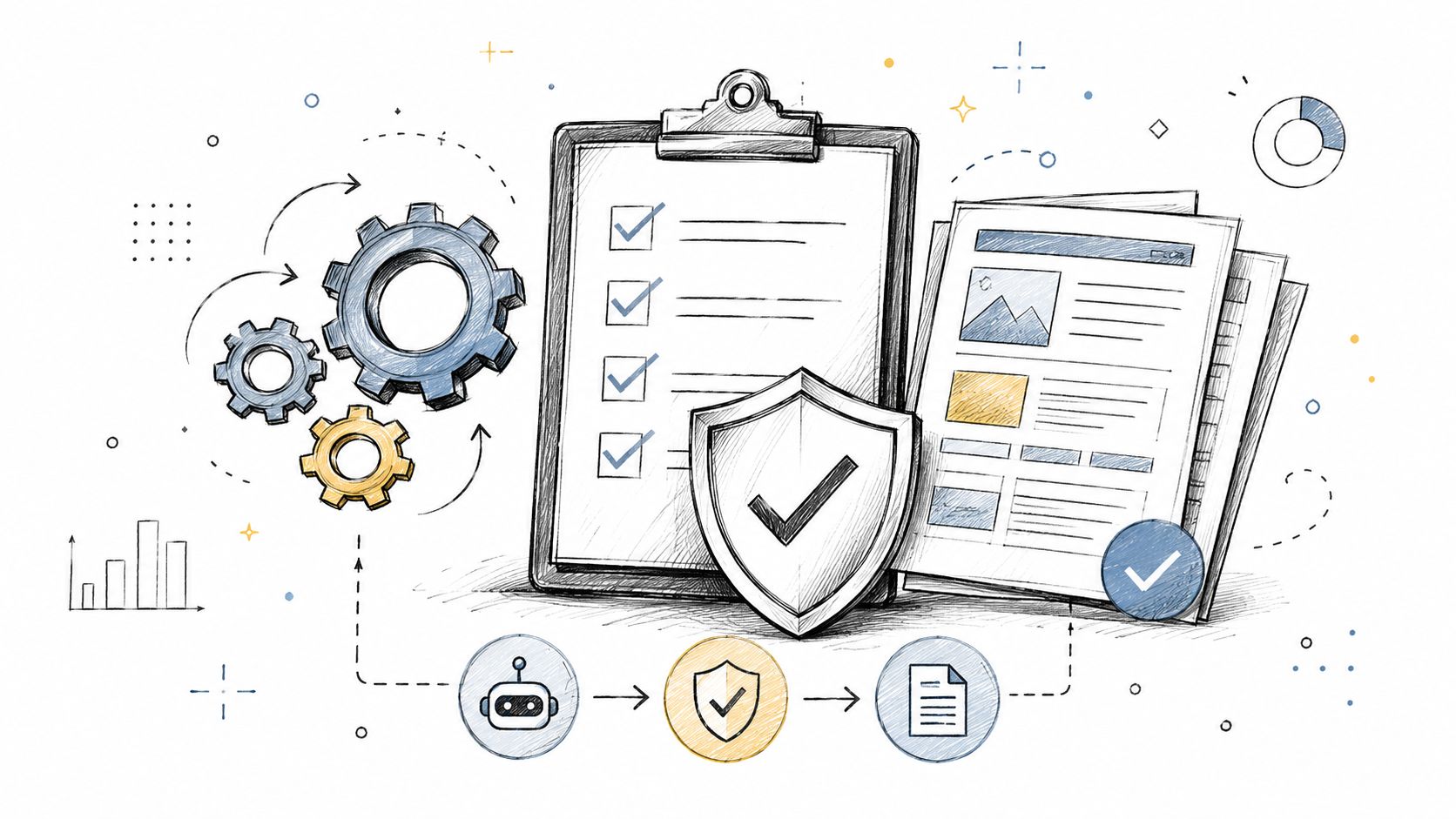 A hand-drawn illustration depicting a checklist, shield, gears, and document icons representing automated process compliance.