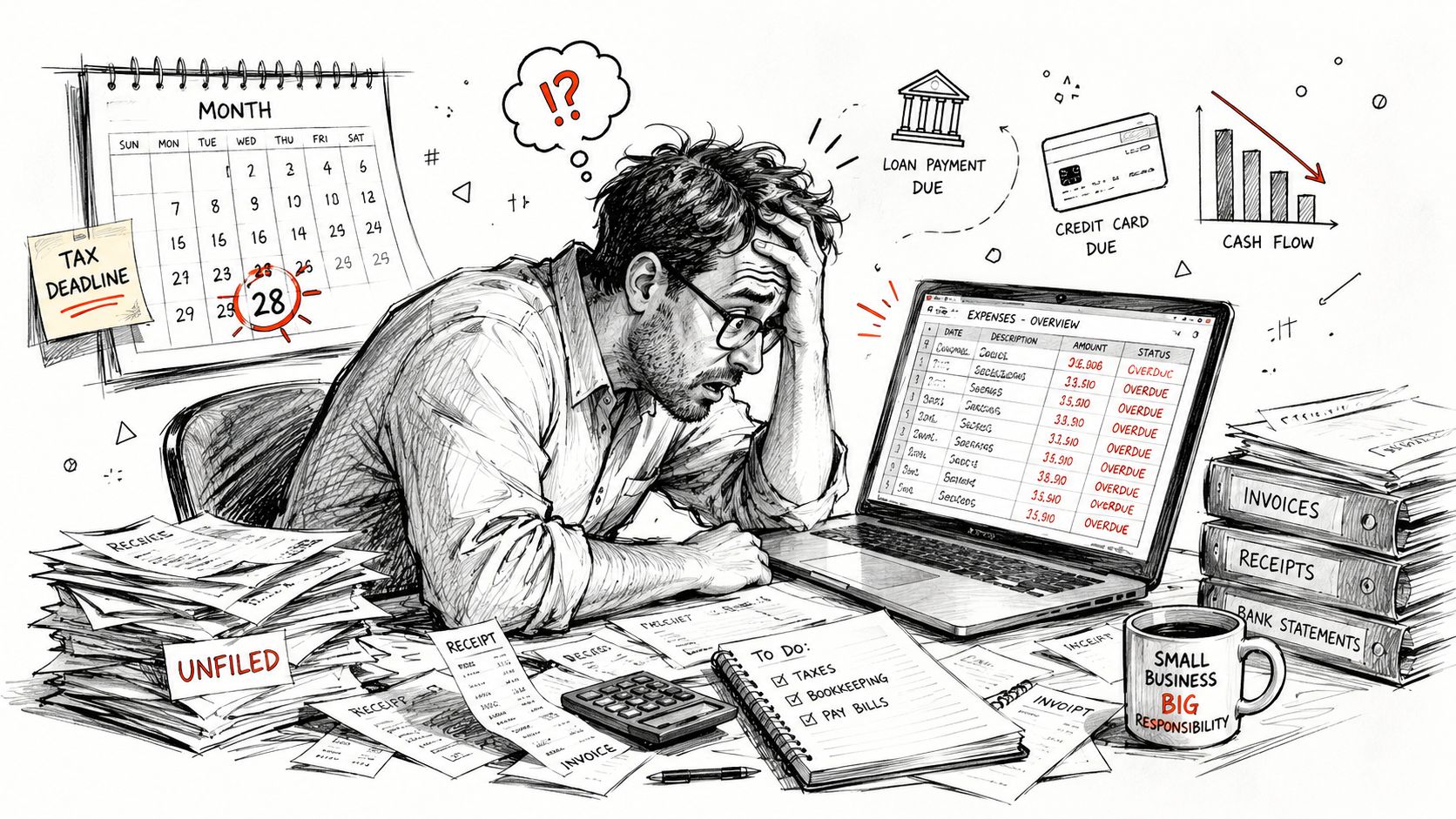 A stressed man overwhelmed by piles of unpaid invoices, tax deadlines, and overdue business financial tasks.