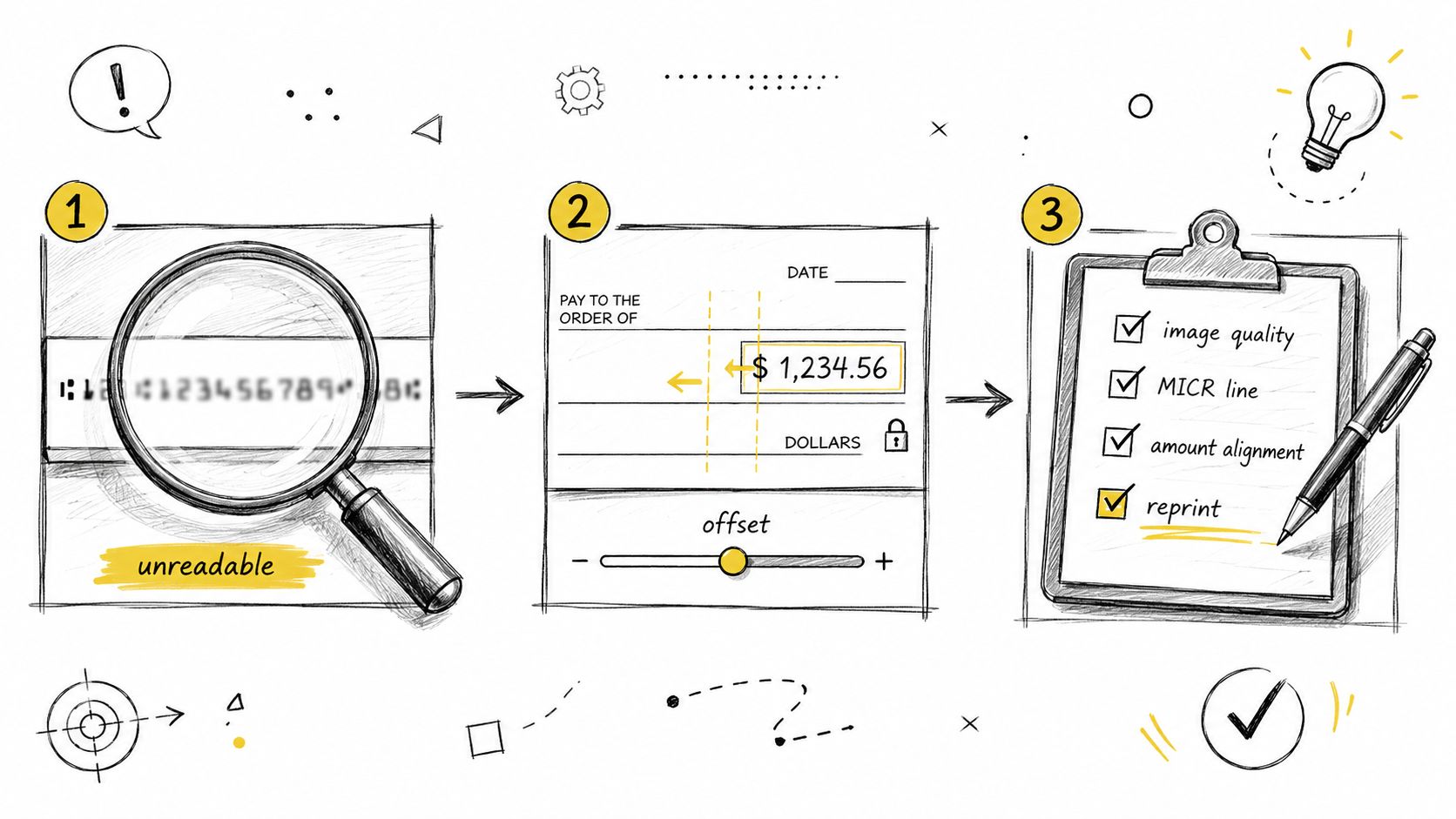 A three-step diagram illustrating the process of fixing unreadable check printing issues with adjustments and quality checks.